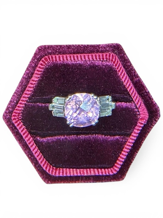 Avon Jewelry - Vintage Avon Faceted Pink Glass Ring Size 7.5 Silver Tone Baguettes Cocktail